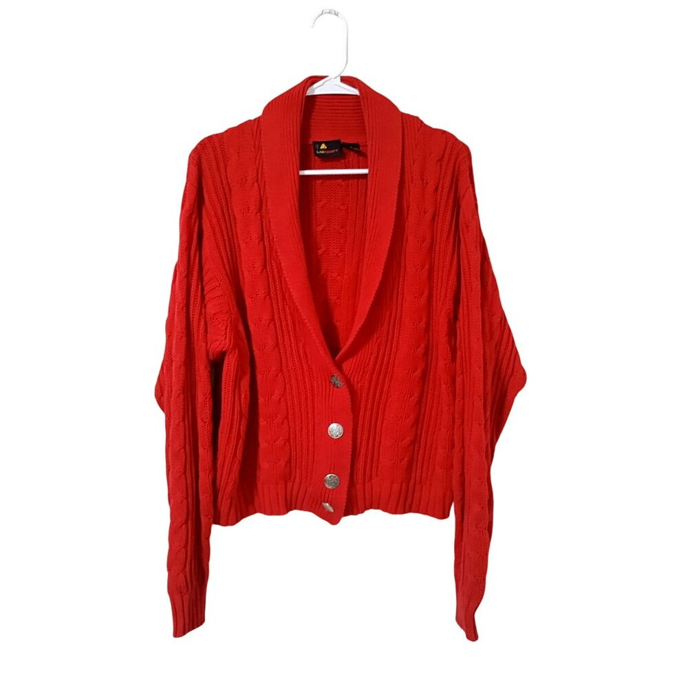 Red Cable Knit Cardigan Sweater Shawl Collar & Metal Buttons By Lizsport Women S